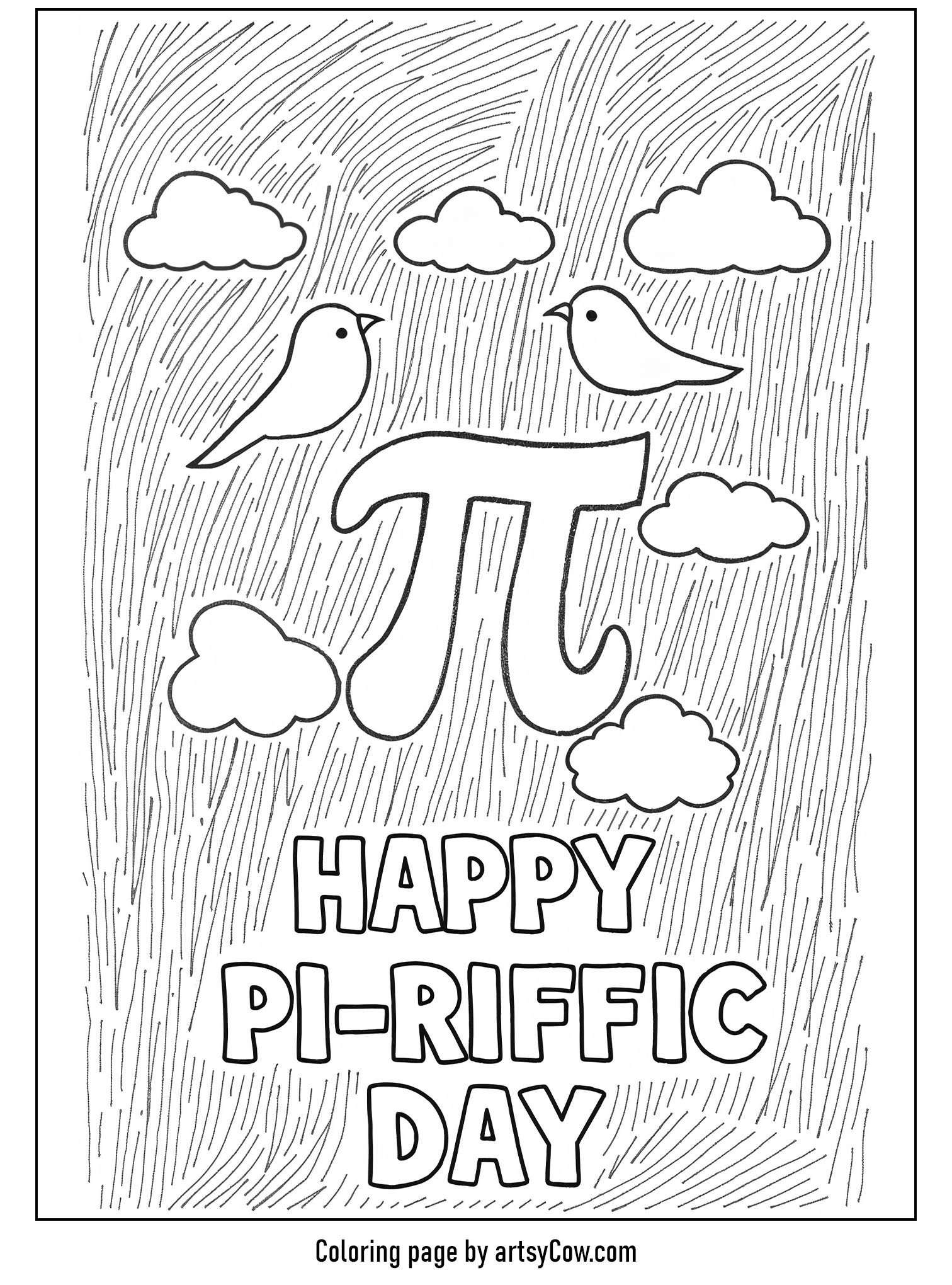 Happy Pi Day coloring sheets featuring pi symbol in the sky with birds and clouds, captioned 'Happy Pi-rrific Day'.